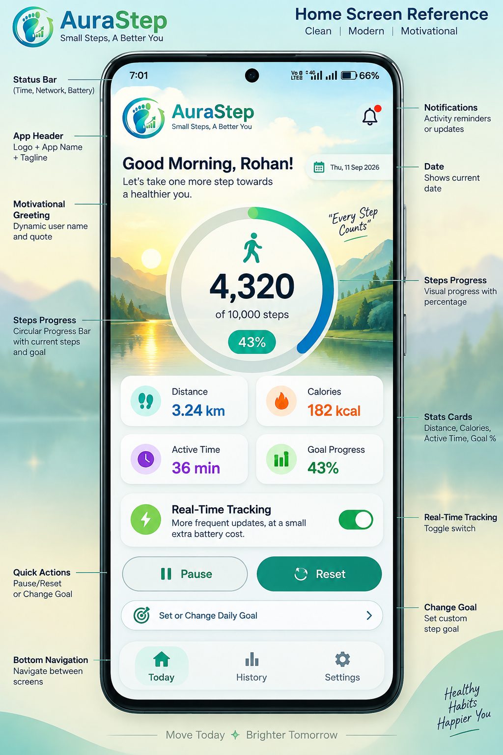 AuraStep home screen with step widget