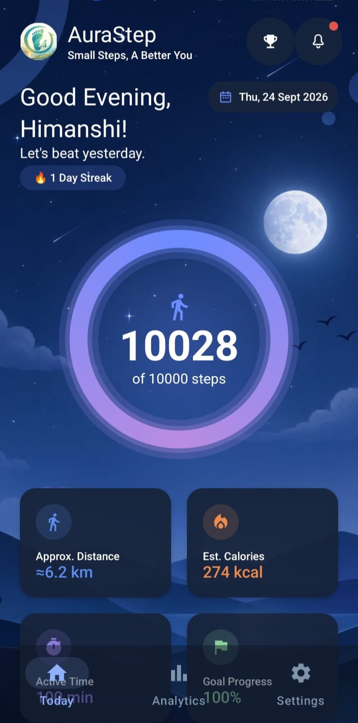 AuraStep today screen, dark theme