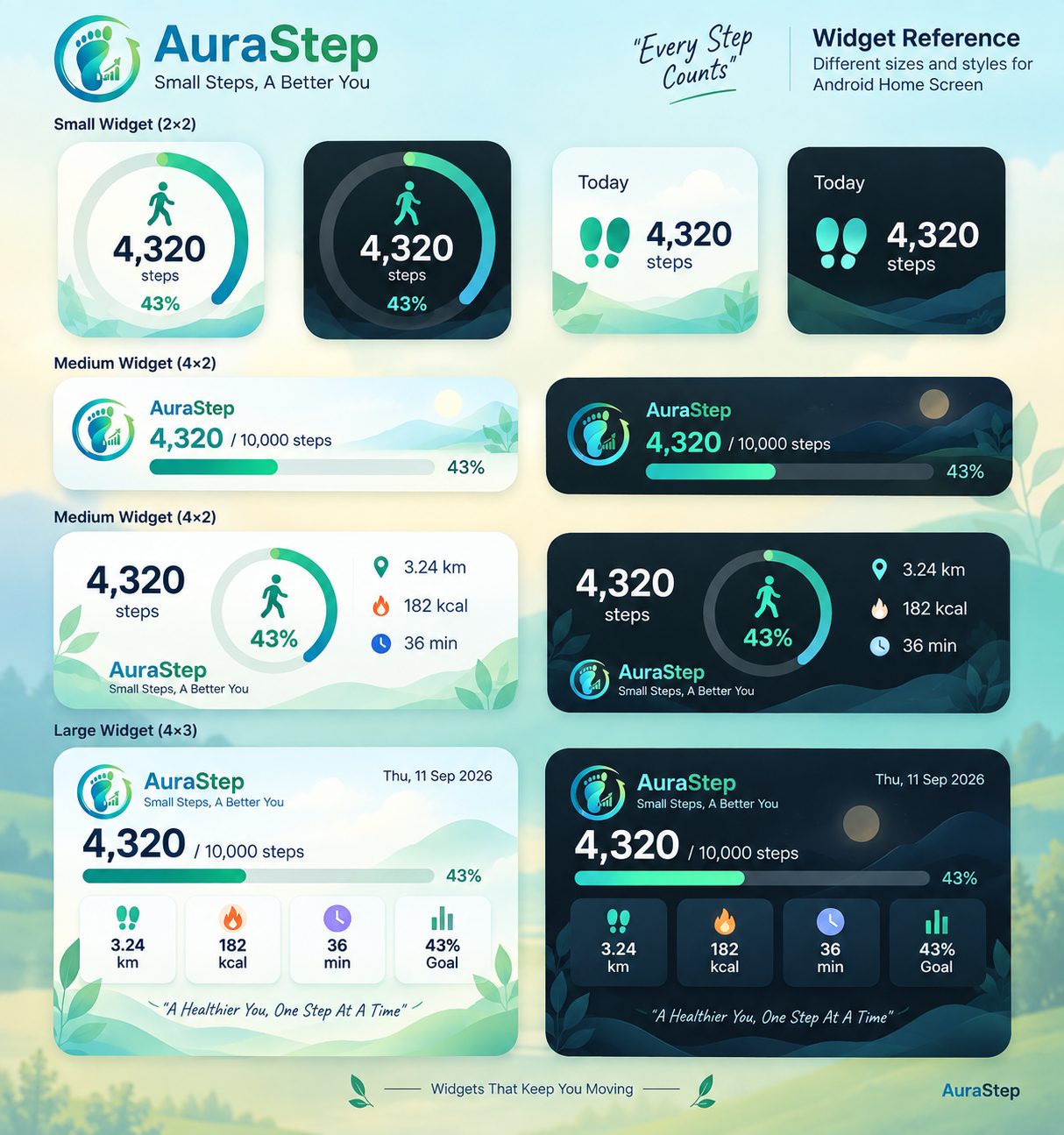 AuraStep small, medium and large home-screen widgets