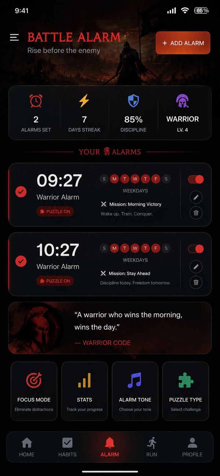Habit Warrior puzzle alarm clock screen