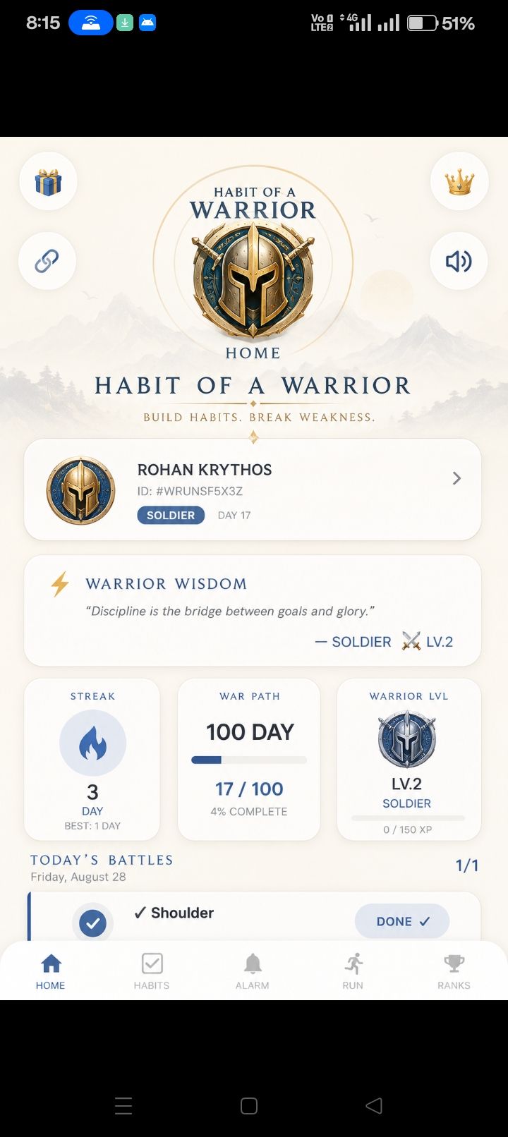Habit Warrior home screen